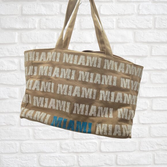 Beige “Miami” Tote Bag – White Text, Zipper Closure & Inner Pocket - Picture 1 of 3